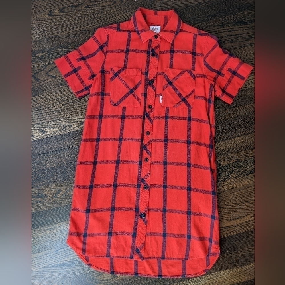 Topo Designs Red Flannel Shirt Dress Size Small - Picture 2 of 11